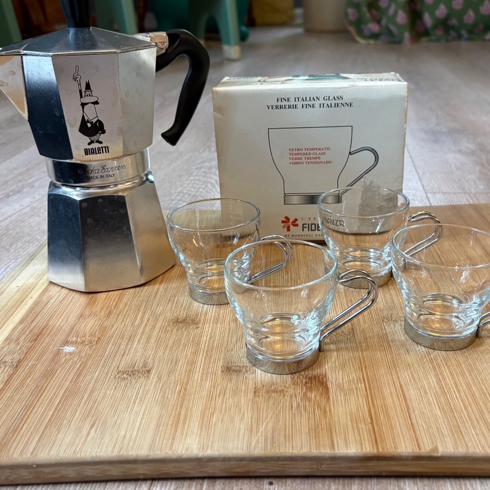Bialetti Musa 6 Cup Espresso Maker Italy w Fidenza Oslo Glass Cups